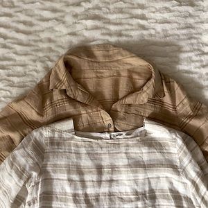 L.L. BEAN BUNDLE Two Beige Cream Linen Blouse Shirts, Size XL